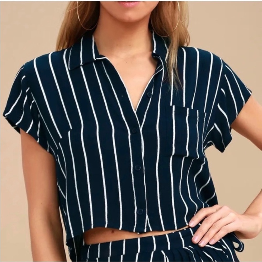 Billabong Blue and White Tropical Crush Striped Button-Up Crop Top